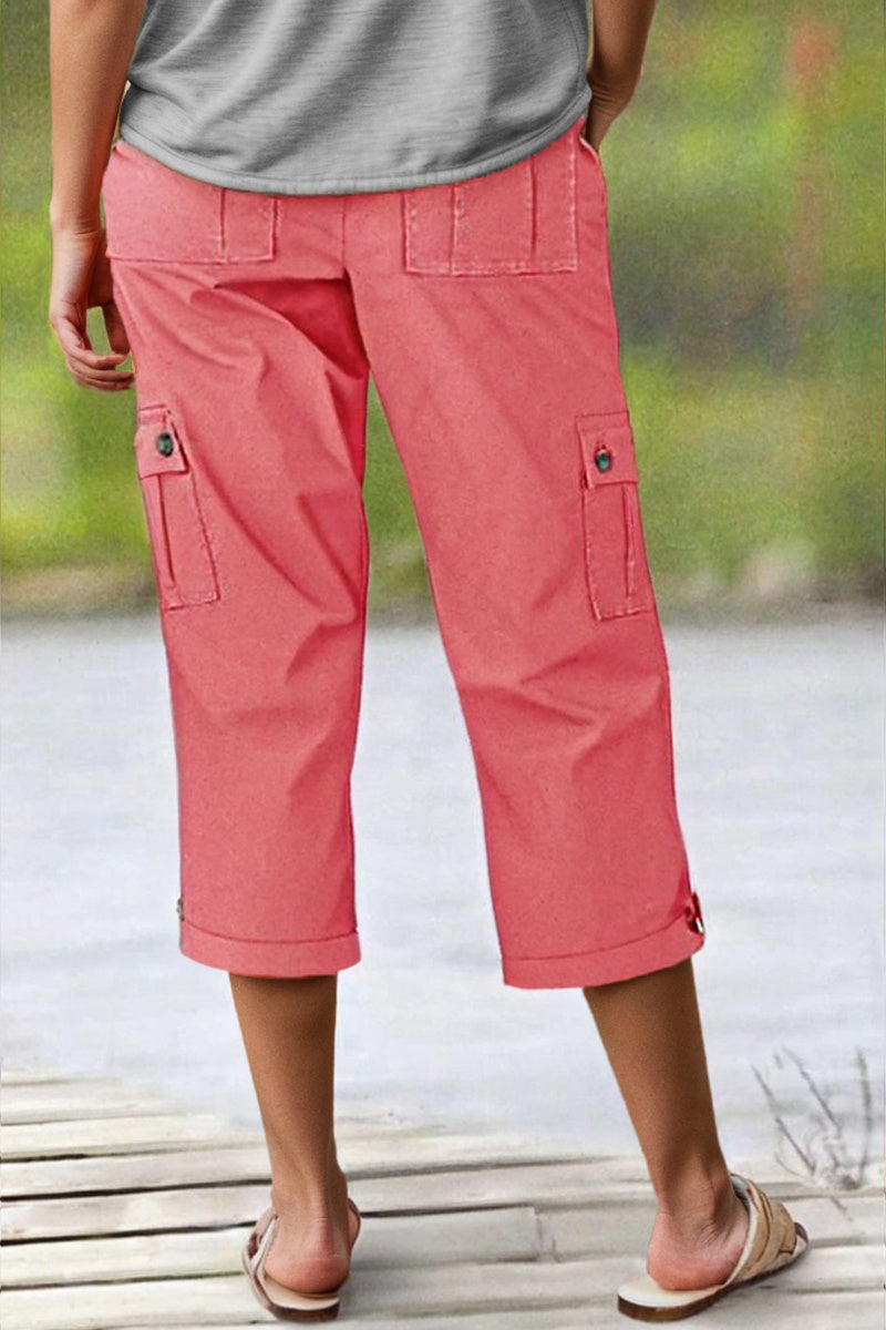 Pantaloni Capri cu buzunare și talie medie, pliuri în partea de jos și mai multe buzunare