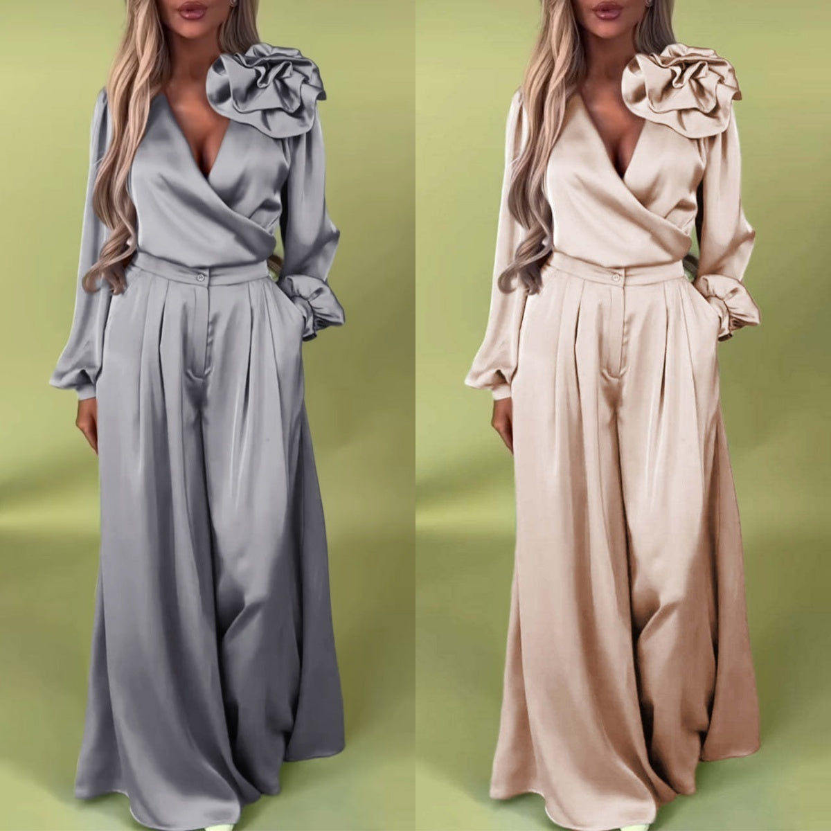 Set luxos cu cămașă din satin și pantaloni largi