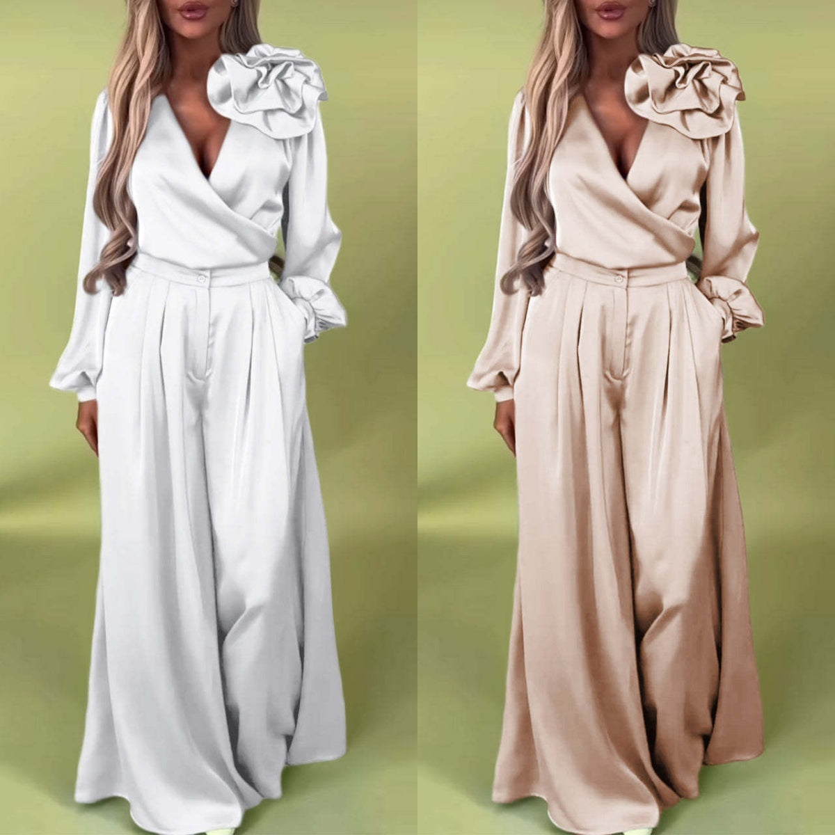 Set luxos cu cămașă din satin și pantaloni largi