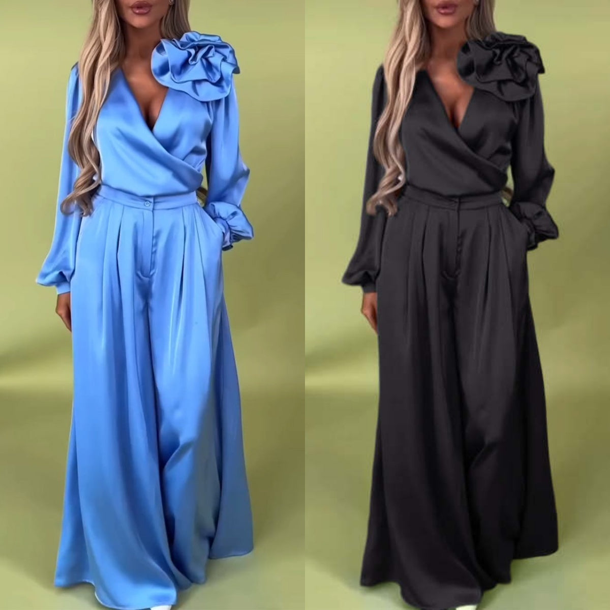 Set luxos cu cămașă din satin și pantaloni largi