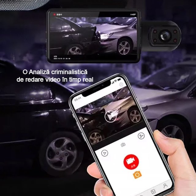 Recorder auto HD WiFi cu trei înregistrări