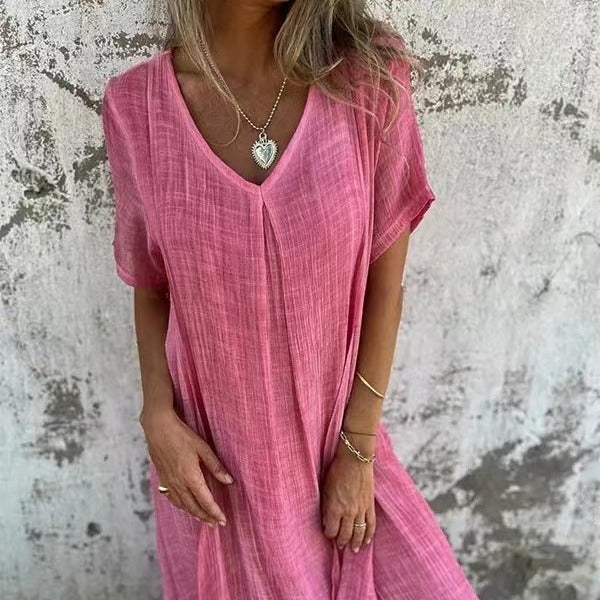 🎁 Rochie de in din bumbac cu guler ascutit