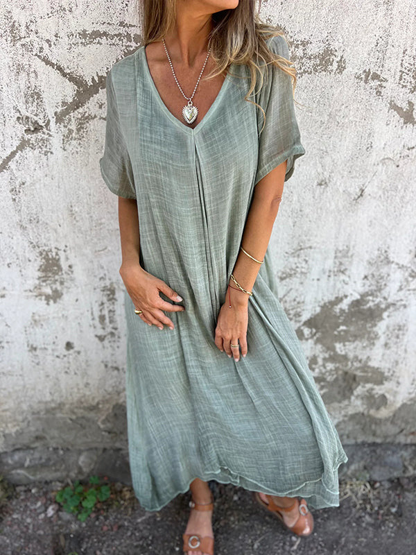 🎁 Rochie de in din bumbac cu guler ascutit
