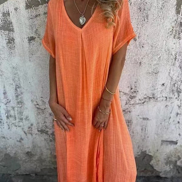 🎁 Rochie de in din bumbac cu guler ascutit