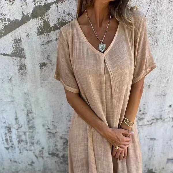 🎁 Rochie de in din bumbac cu guler ascutit