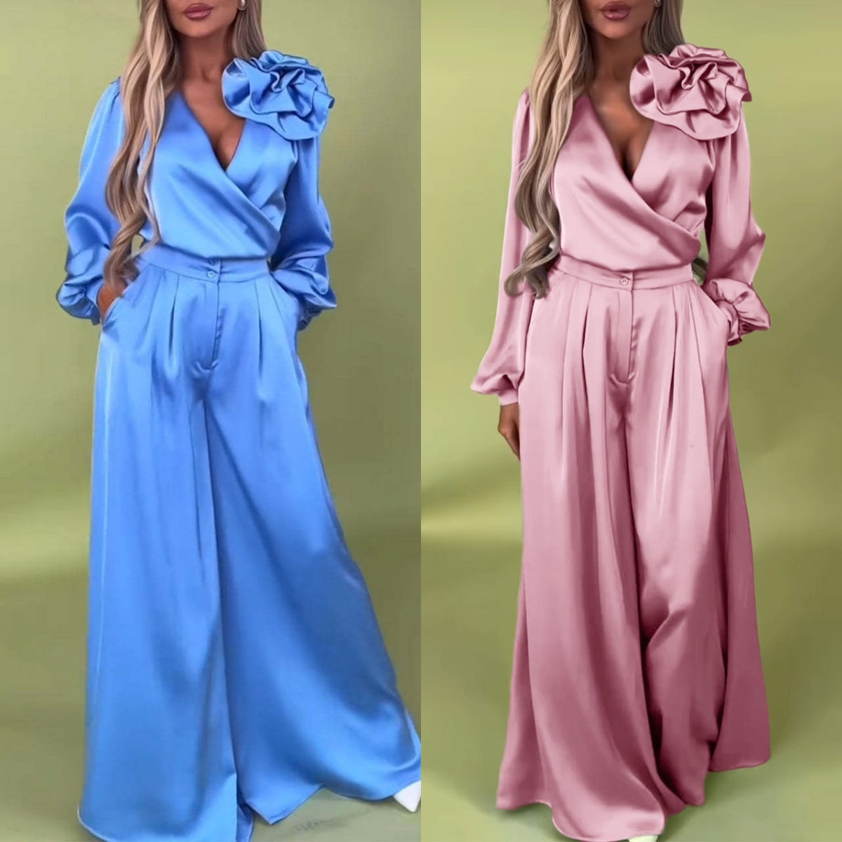Set luxos cu cămașă din satin și pantaloni largi