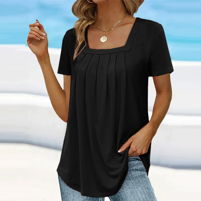 🎁Tricou monocolor cu mânecă scurtă și guler pătrat
