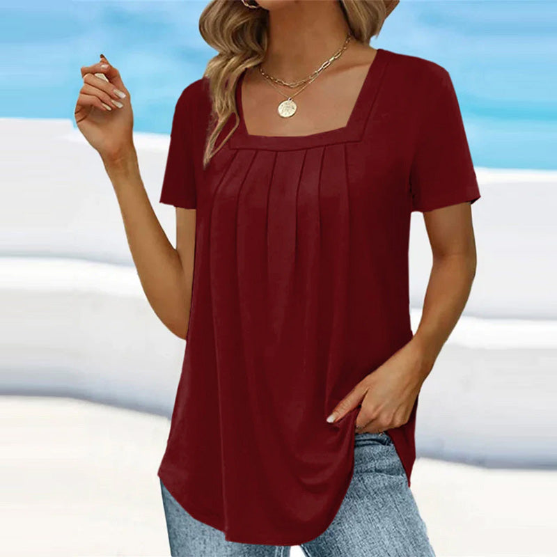 🎁Tricou monocolor cu mânecă scurtă și guler pătrat