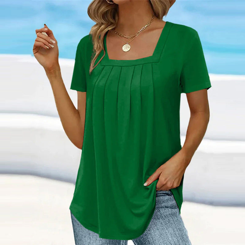 🎁Tricou monocolor cu mânecă scurtă și guler pătrat