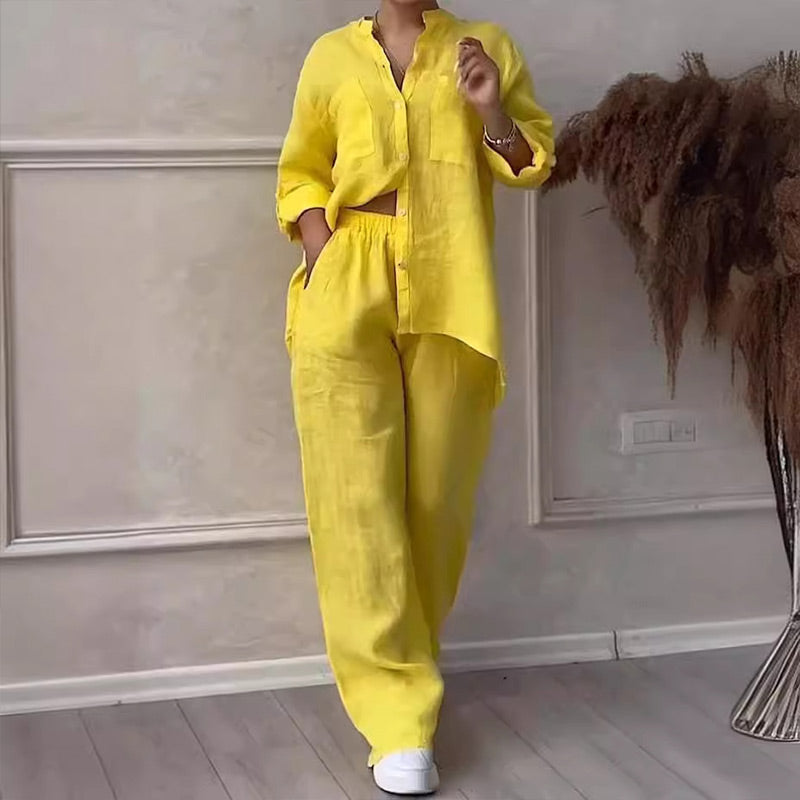 Set cămașă și pantaloni cu nasturi din două piese pentru femei