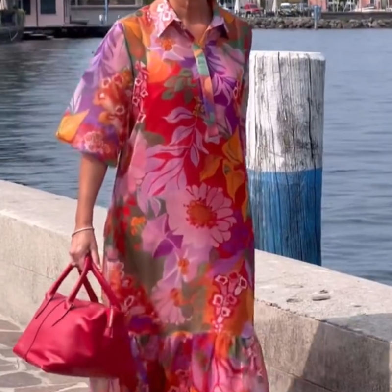 Rochie roșie din șifon cu imprimeu floral