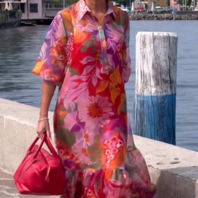 Rochie roșie din șifon cu imprimeu floral