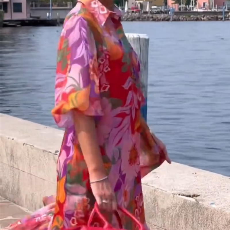 Rochie roșie din șifon cu imprimeu floral