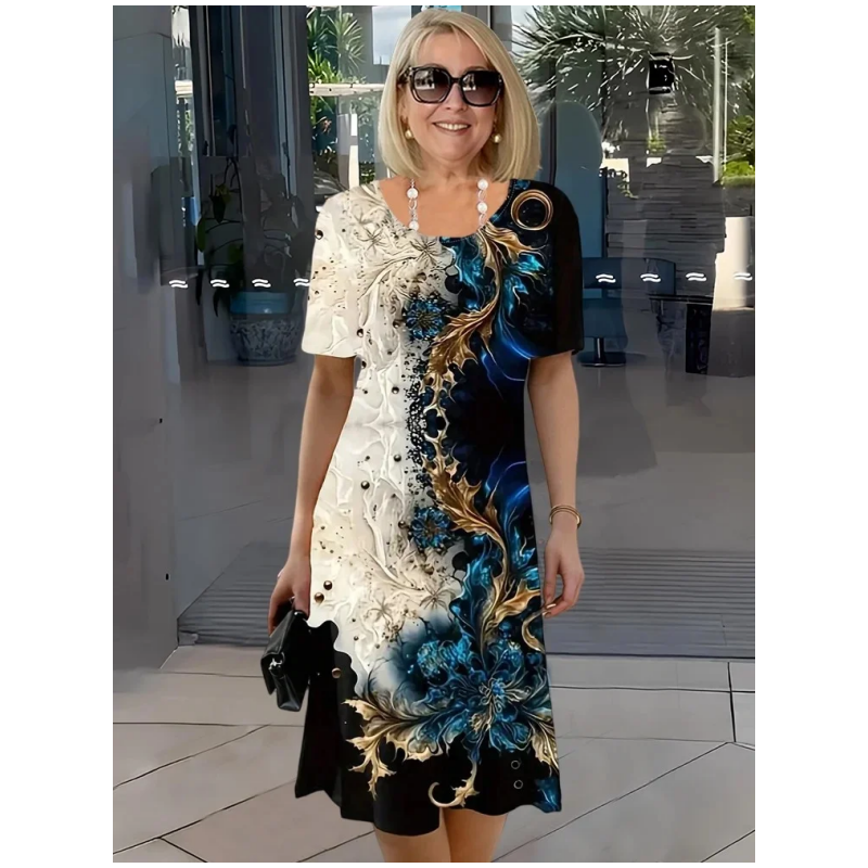👗 Doamnelor de vară florale imprimare rotund gât A-line rochie cu mânecă scurtă