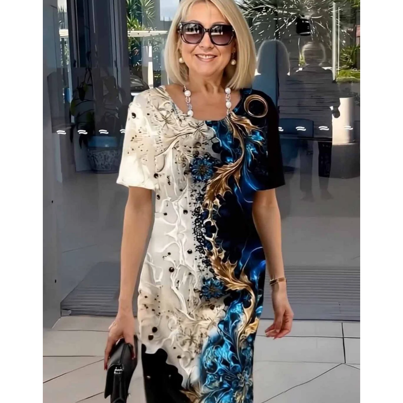 👗 Doamnelor de vară florale imprimare rotund gât A-line rochie cu mânecă scurtă