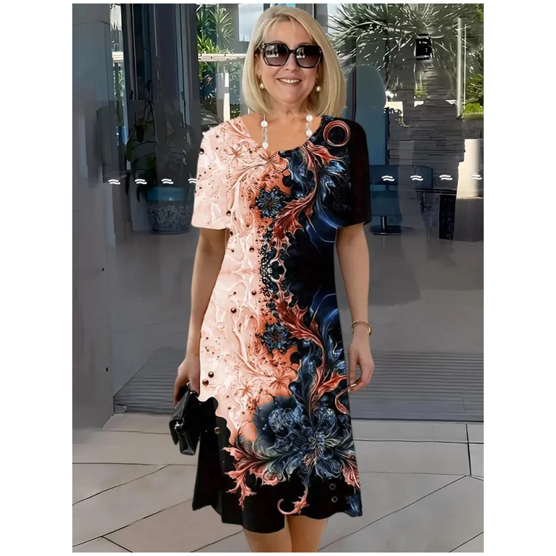 👗 Doamnelor de vară florale imprimare rotund gât A-line rochie cu mânecă scurtă