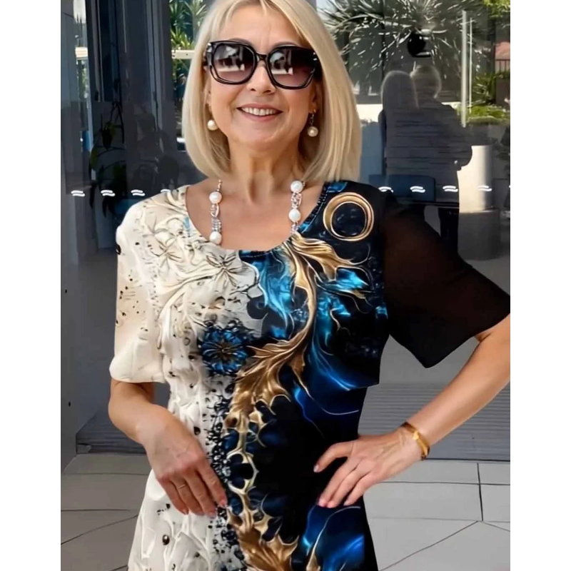 👗 Doamnelor de vară florale imprimare rotund gât A-line rochie cu mânecă scurtă