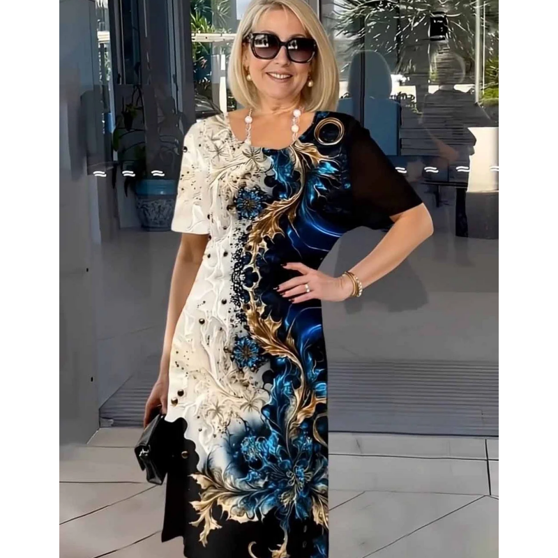 👗 Doamnelor de vară florale imprimare rotund gât A-line rochie cu mânecă scurtă
