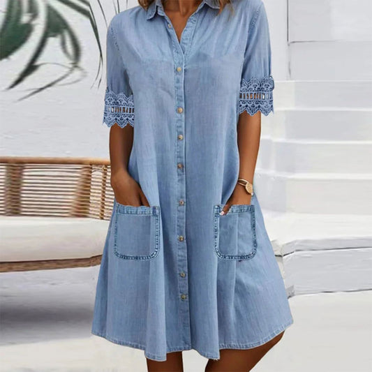 ⏳Rochie dreaptă albastră cu guler și bordură din dantelă în stil Mini denim