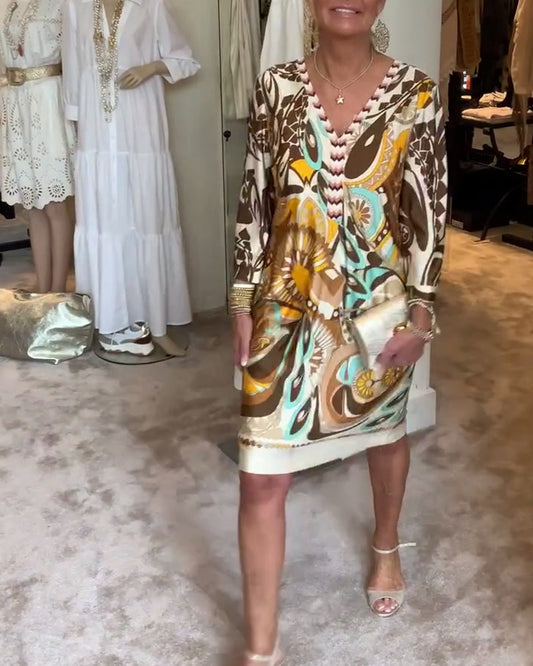 Rochie casual cu decolteu în V și imprimeu vintage