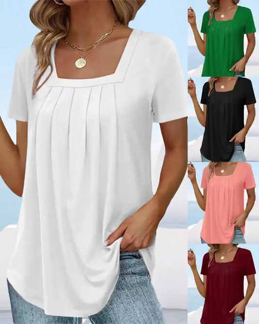 🎁Tricou monocolor cu mânecă scurtă și guler pătrat