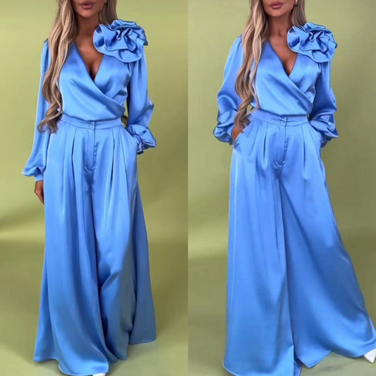 Set luxos cu cămașă din satin și pantaloni largi