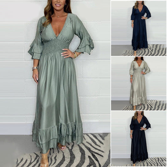 💖2024 Noua rochie maxi cu volane din satin