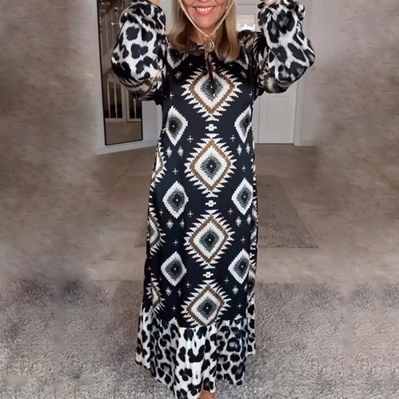 Rochie boemă casual imprimată cu mânecă lungă