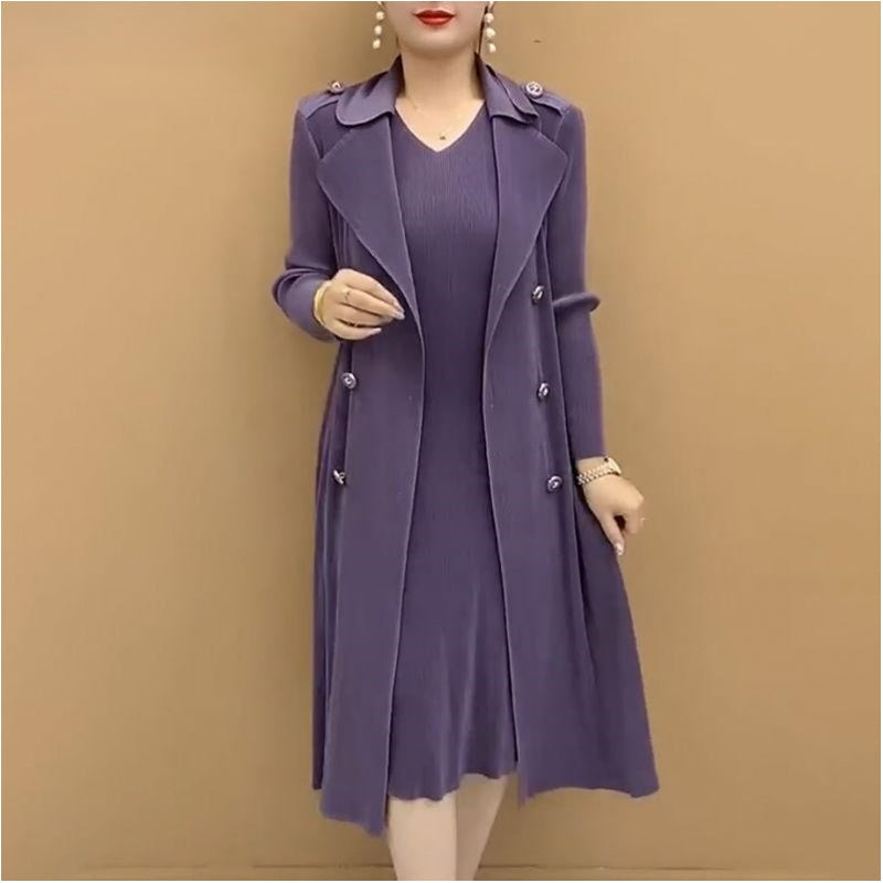 Moda costum plisat Faux guler două piese Trench Coat