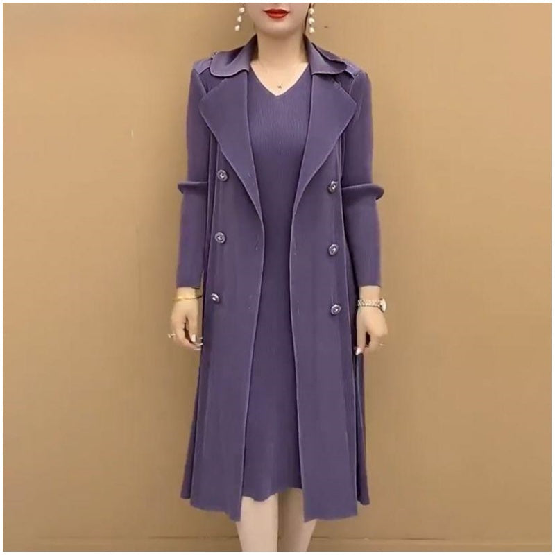 Moda costum plisat Faux guler două piese Trench Coat