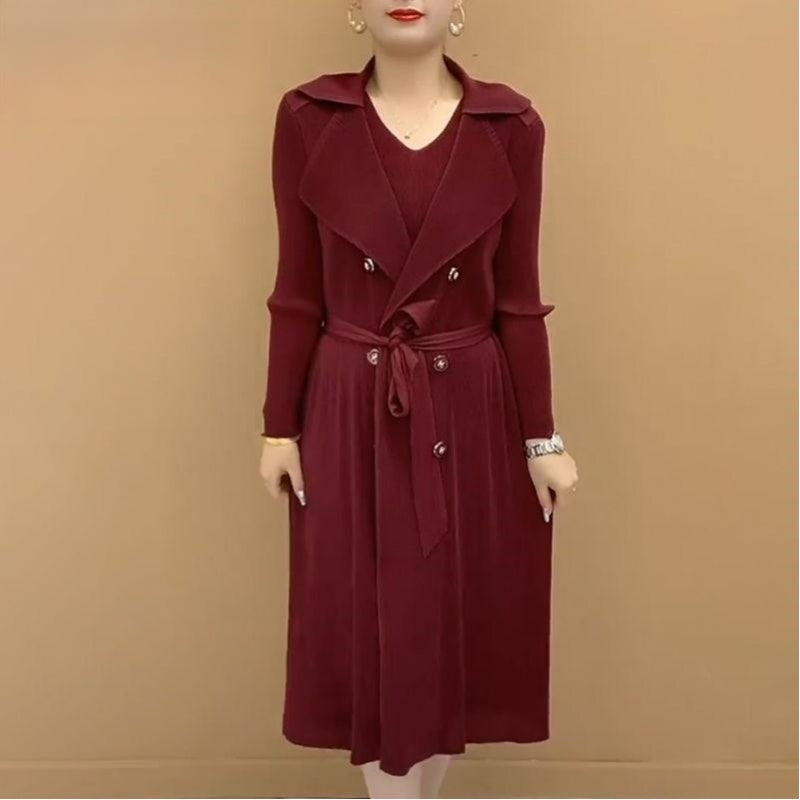 Moda costum plisat Faux guler două piese Trench Coat