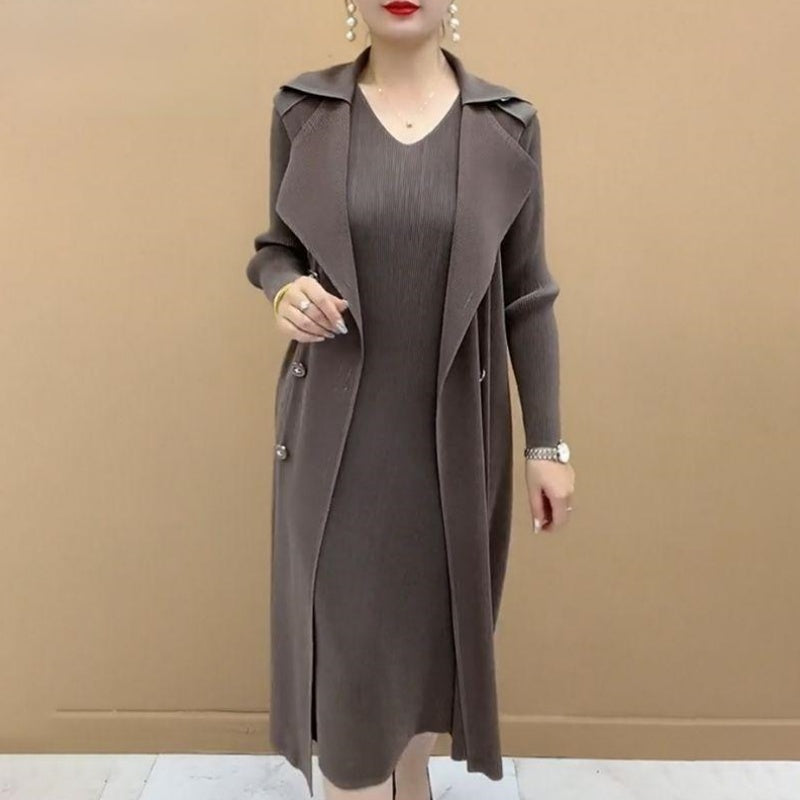 Moda costum plisat Faux guler două piese Trench Coat