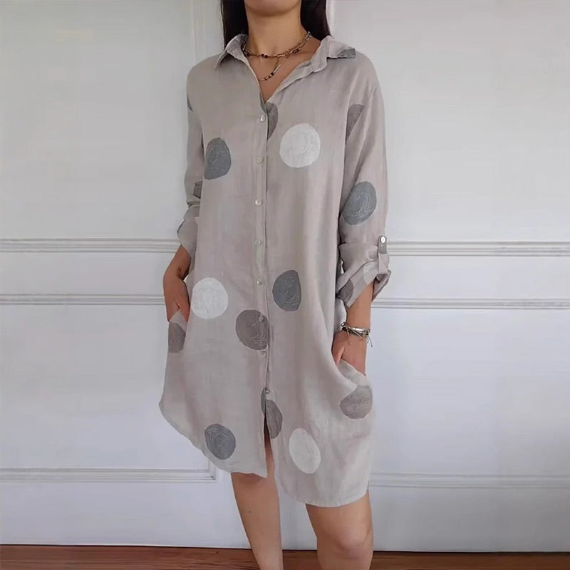 Rochie camasa de marime plus cu buzunare si imprimeu cu buline