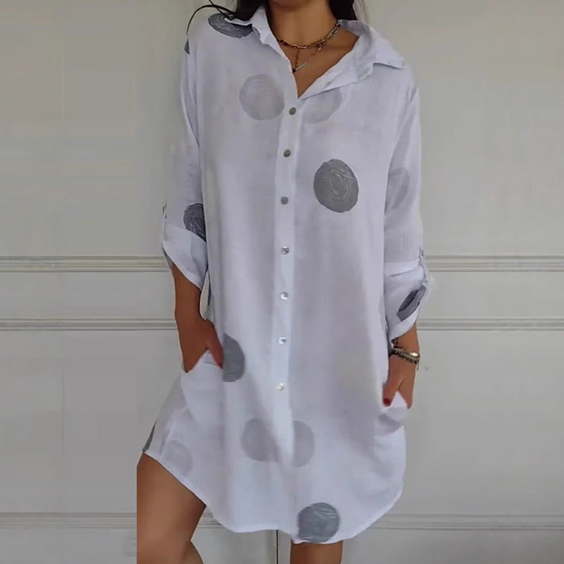 Rochie camasa de marime plus cu buzunare si imprimeu cu buline