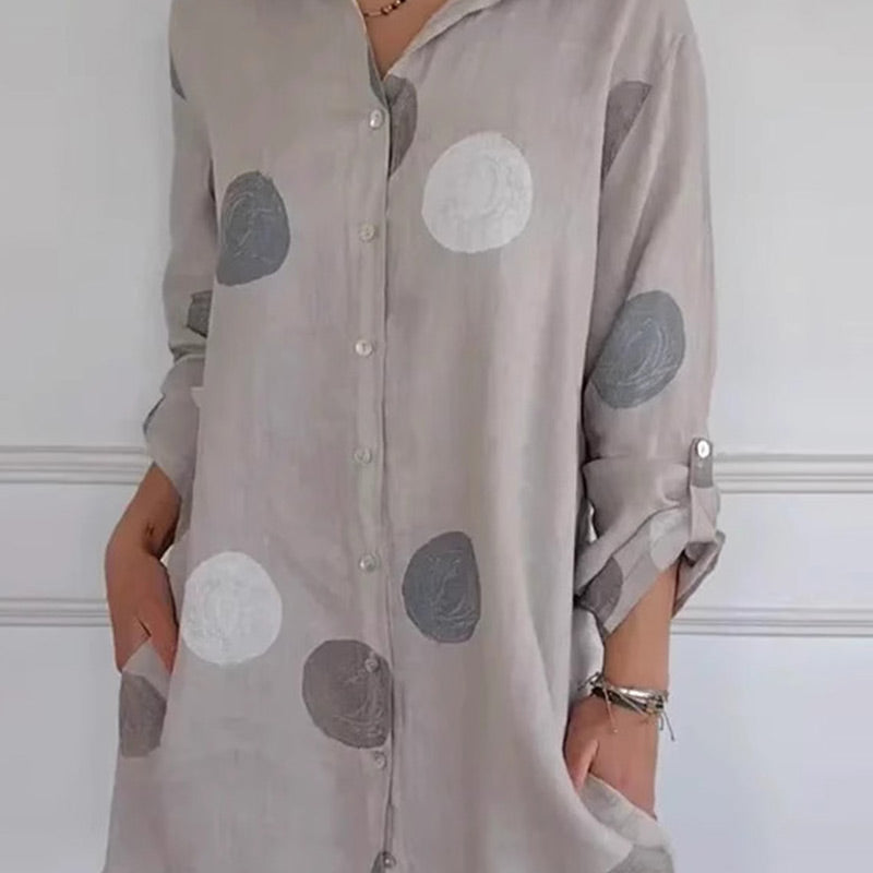 Rochie camasa de marime plus cu buzunare si imprimeu cu buline