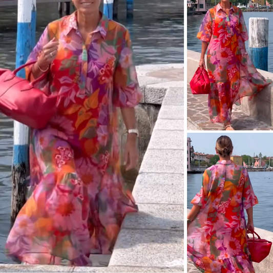Rochie roșie din șifon cu imprimeu floral