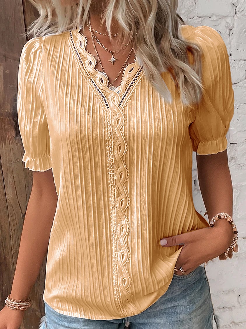 (🎁2024 Anul Nou Hot Sale🎁)Stoc limitat🔥V Neck Plain Lace Elegant Shirt（Buy 2 Free Shipping）